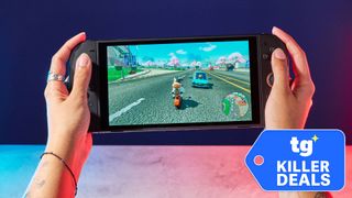 Nintendo Switch 2 photographed under RGB lighting, playing Mario Kart World
