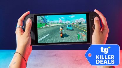 Nintendo Switch 2 photographed under RGB lighting, playing Mario Kart World