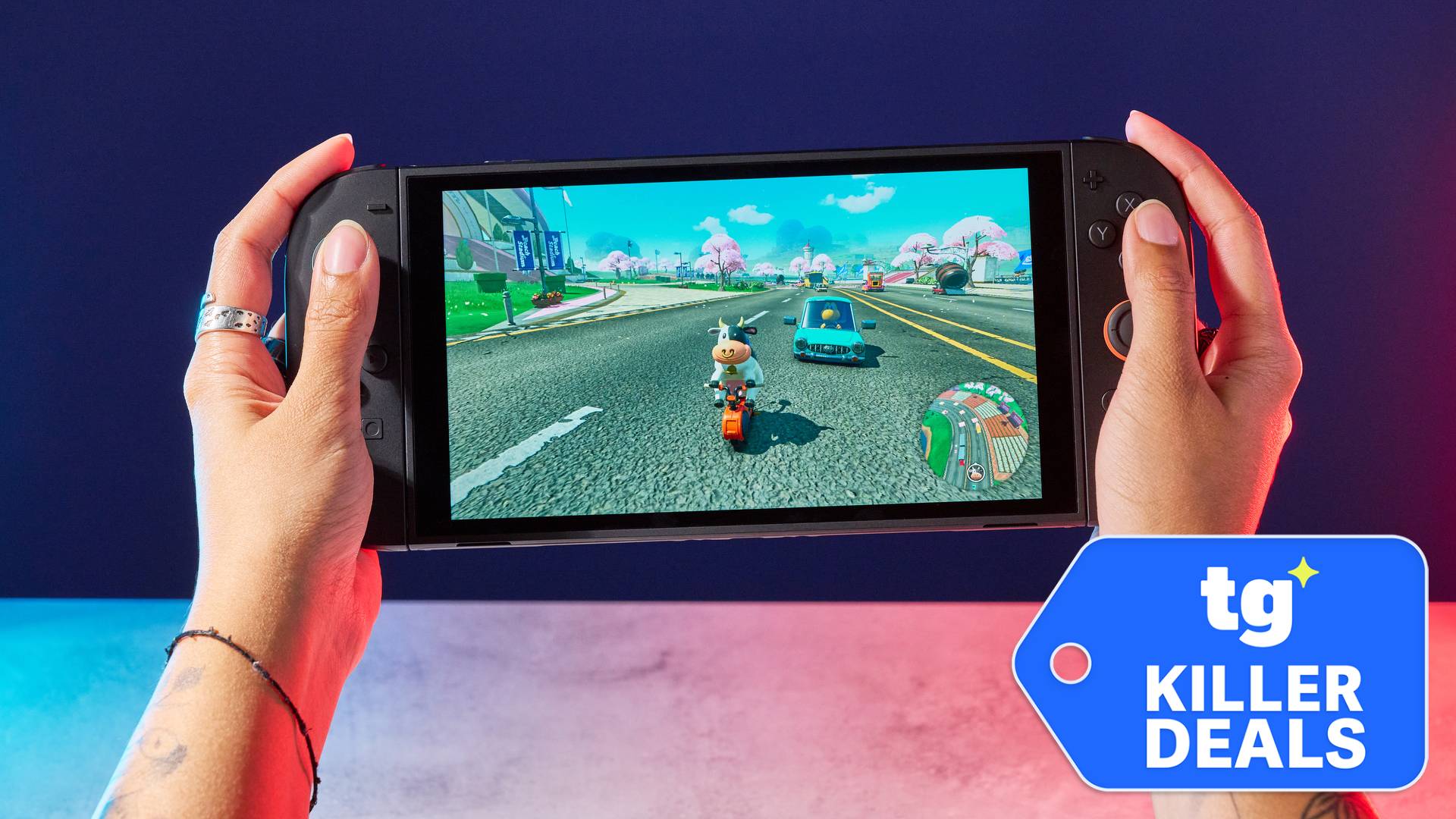Nintendo Switch 2 photographed under RGB lighting, playing Mario Kart World