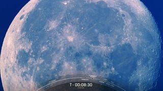 A SpaceX rocket launch tracking camera view of the moon.