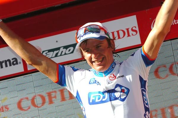 Yauheni Hutarovich (FDJ) on his first grand tour podium in Spain.