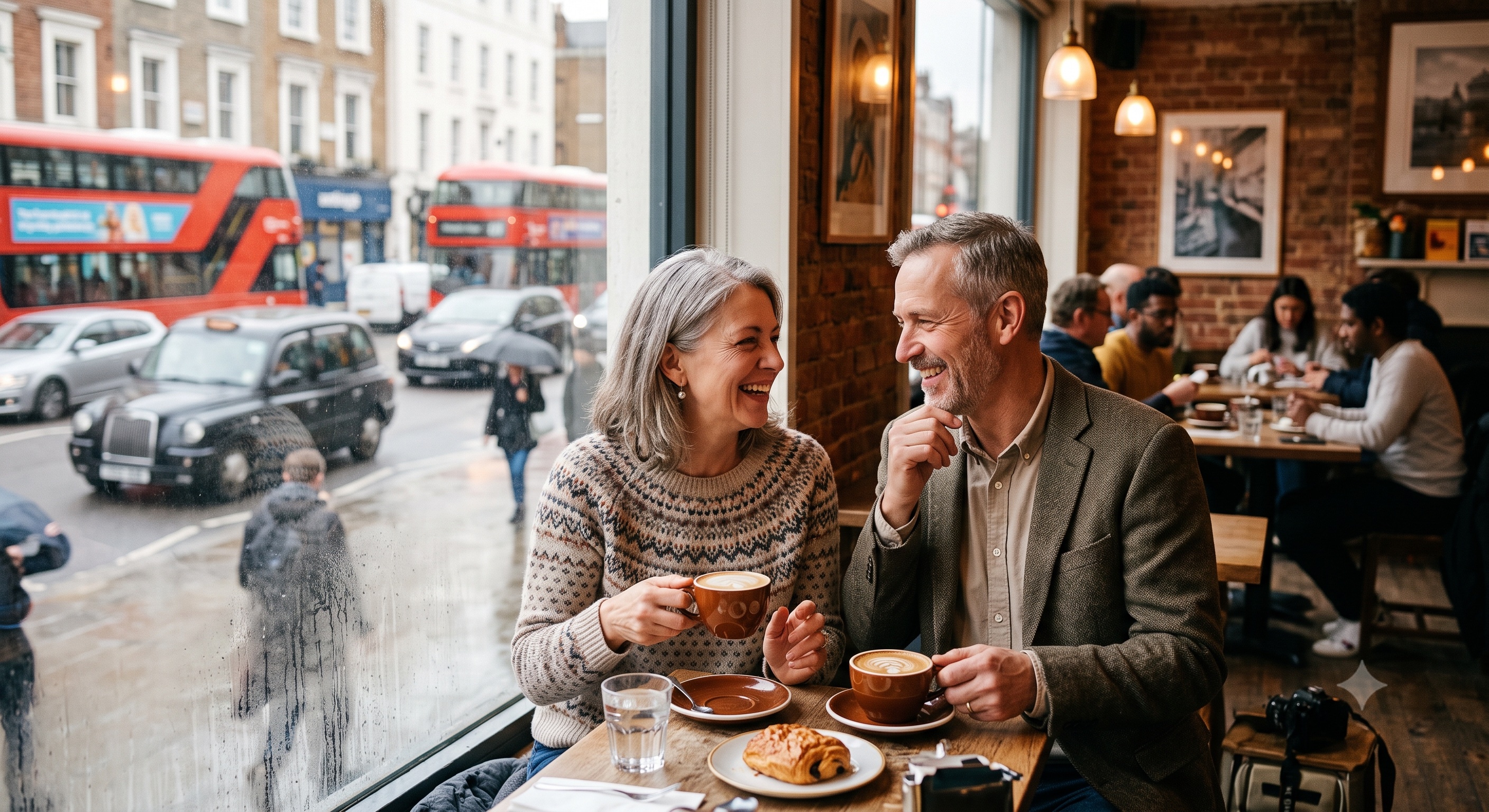Man and woman in a cafe. Gemini created image.