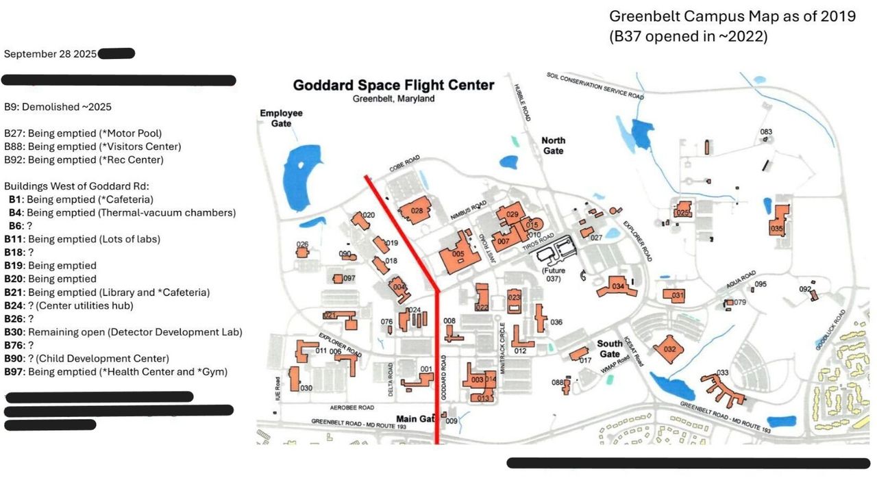 a map with highlighted buildings and a red line down the left-center.
