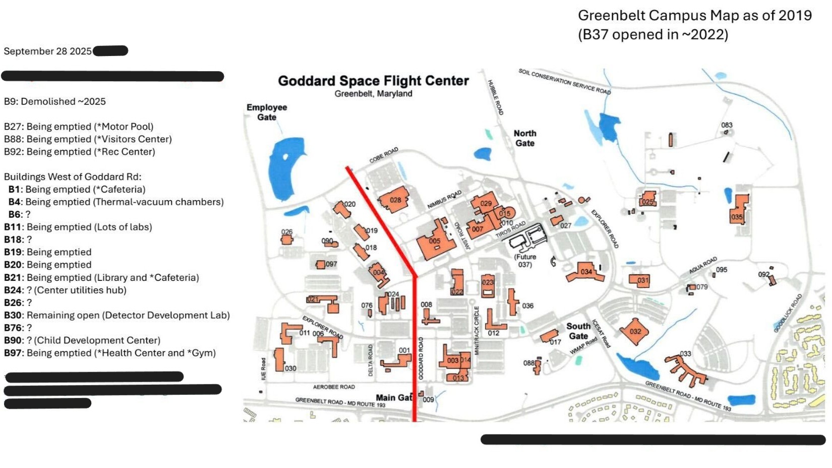 a map with highlighted buildings and a red line down the left-center.