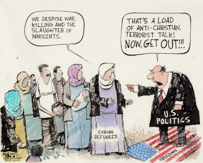 Political cartoon U.S. Syria Refugees Religion