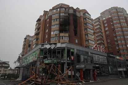 Damaged buildings in the Kyiv suburb of Irpin