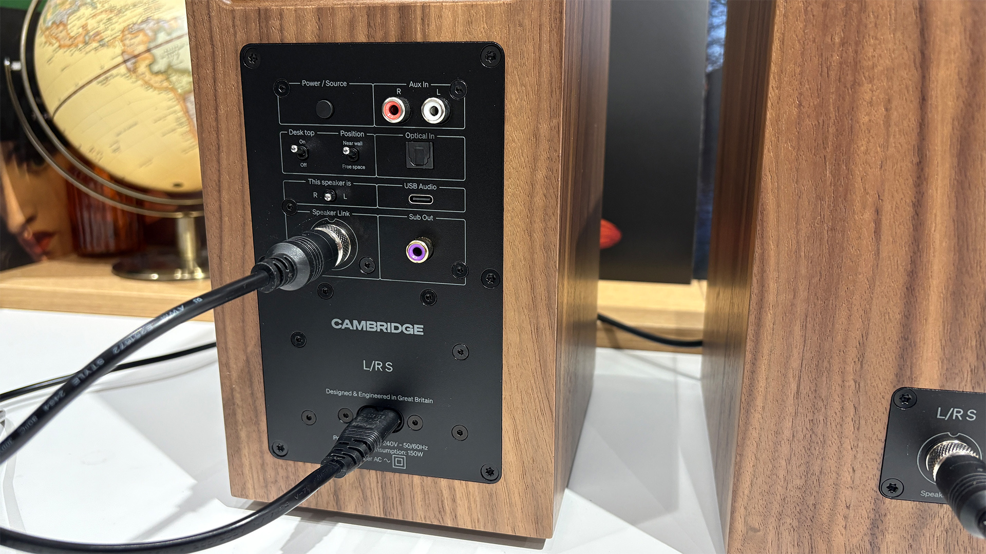 Rear shot of Cambridge Audio L/R S desktop speakers showing all connections and position toggles
