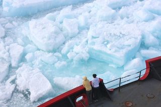 Scientists watched from the deck of the Healy as it cut a path through thick multiyear ice on July 6, 2011.