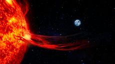 An artist's interpretation of a solar flare erupting from the sun.