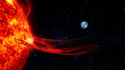 An artist's interpretation of a solar flare erupting from the sun.
