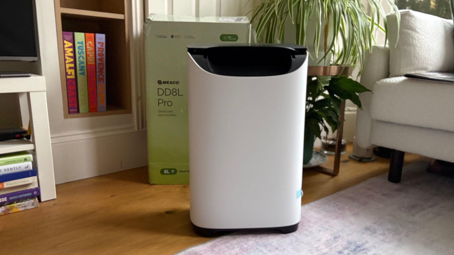 Testing the Meaco DD8L Pro Dehumidifier at home, showing it in front of the box