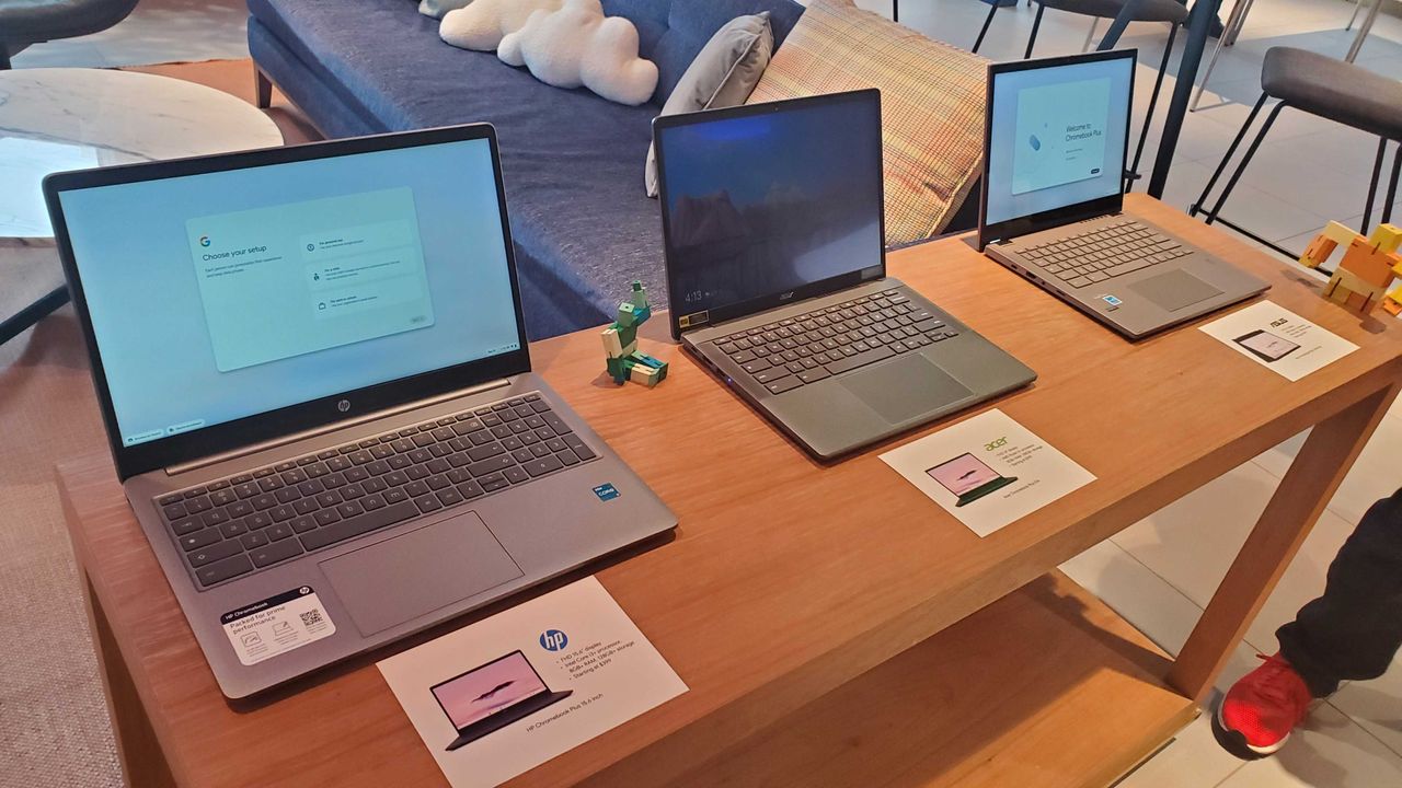 Chromebook Plus laptop on wooden table