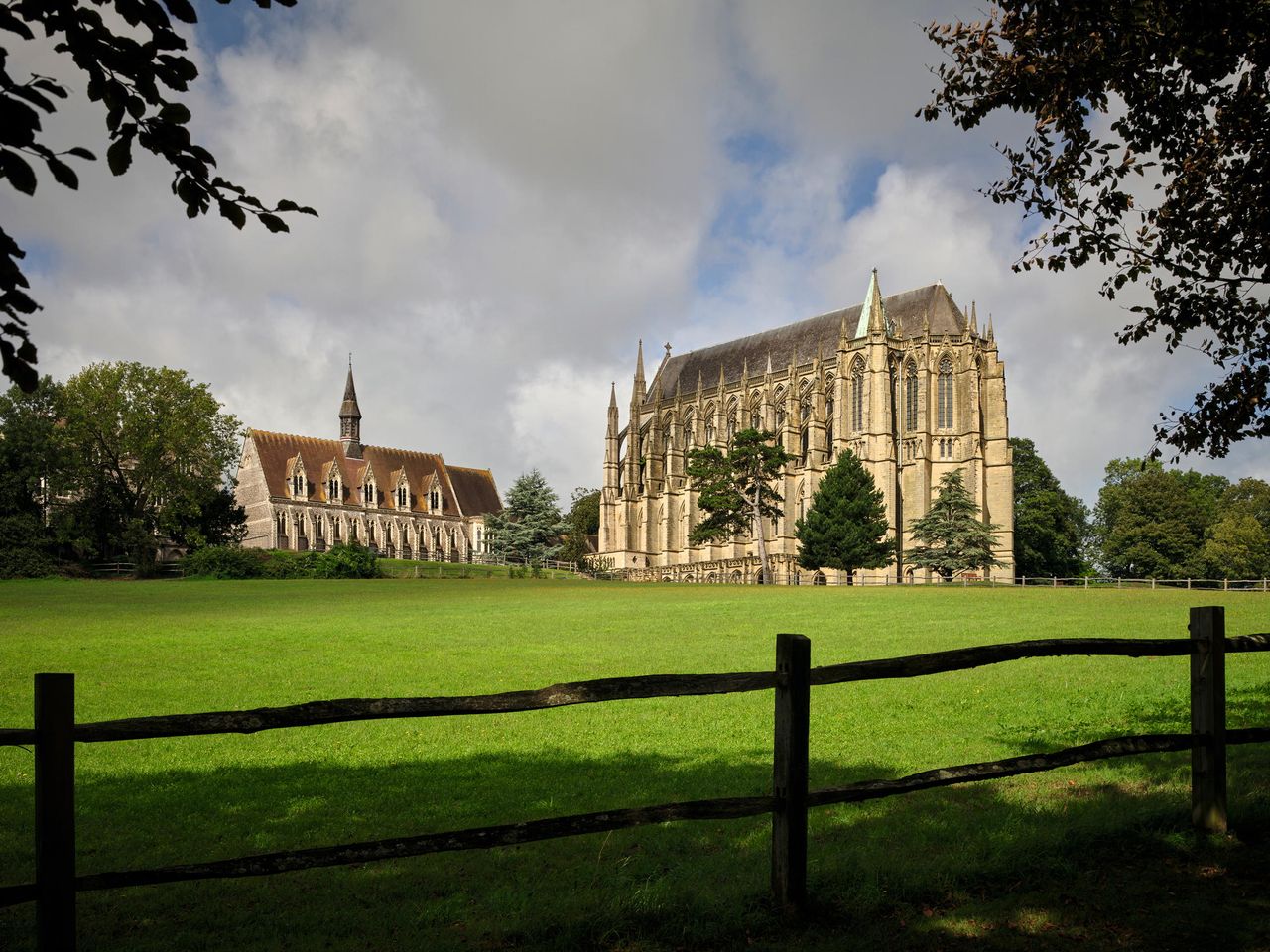 Fig 3: The chapel projects from the main school buildings and is raised up on a crypt where the land falls away to the far side. Lancing College, West Sussex. ©Paul Highnam for Country Life