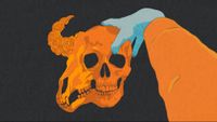 Hand-drawn game art in orange and teal colours for the upcoming video game I Shall Name the Dead