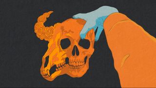 Hand-drawn game art in orange and teal colours for the upcoming video game I Shall Name the Dead