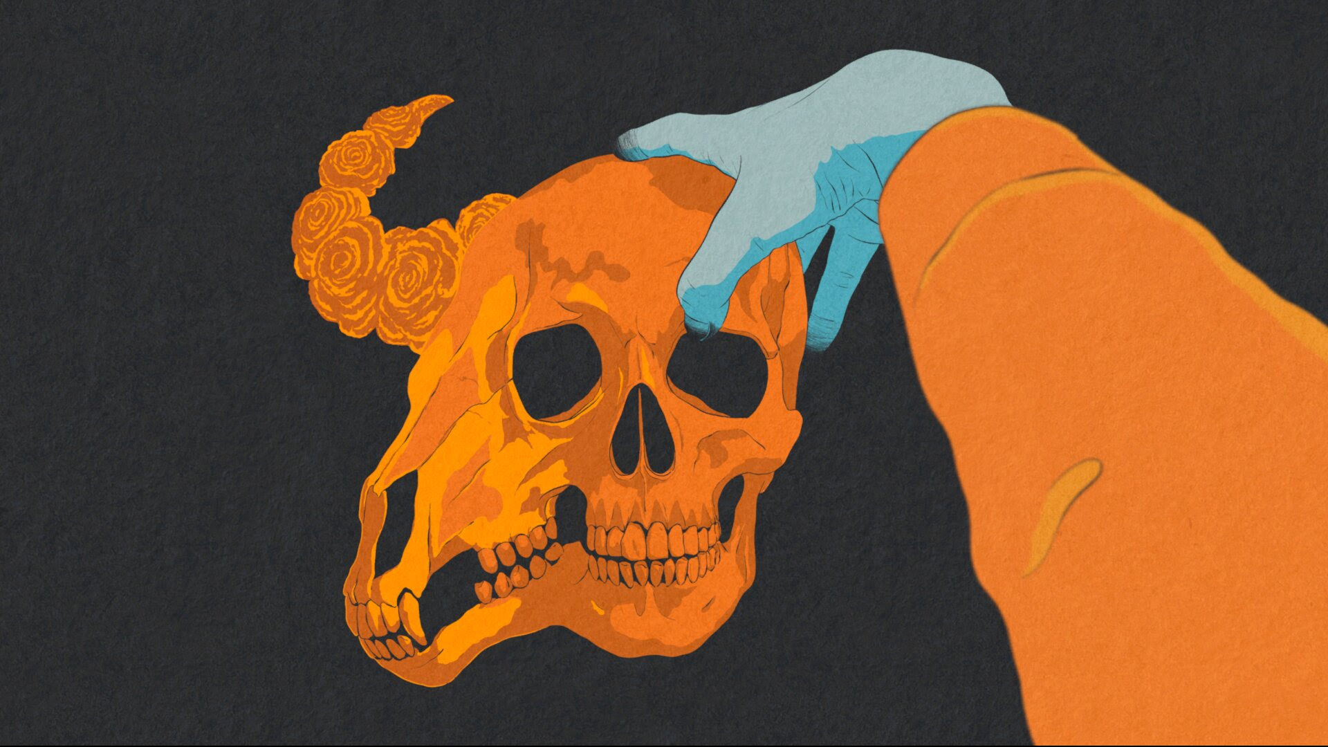 Hand-drawn game art in orange and teal colours for the upcoming video game I Shall Name the Dead