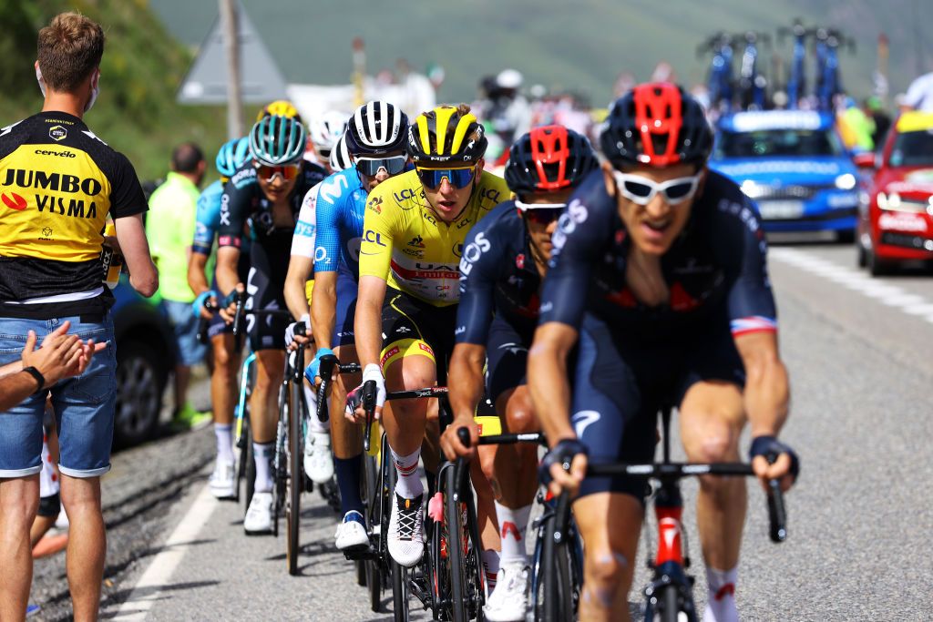 ANDORRELAVIEILLE ANDORRA JULY 11 Tadej Pogaar of Slovenia and UAETeam Emirates yellow leader jersey during the 108th Tour de France 2021 Stage 15 a 1913km stage from Cret to AndorrelaVieille LeTour TDF2021 on July 11 2021 in AndorrelaVieille Andorra Photo by Tim de WaeleGetty Images