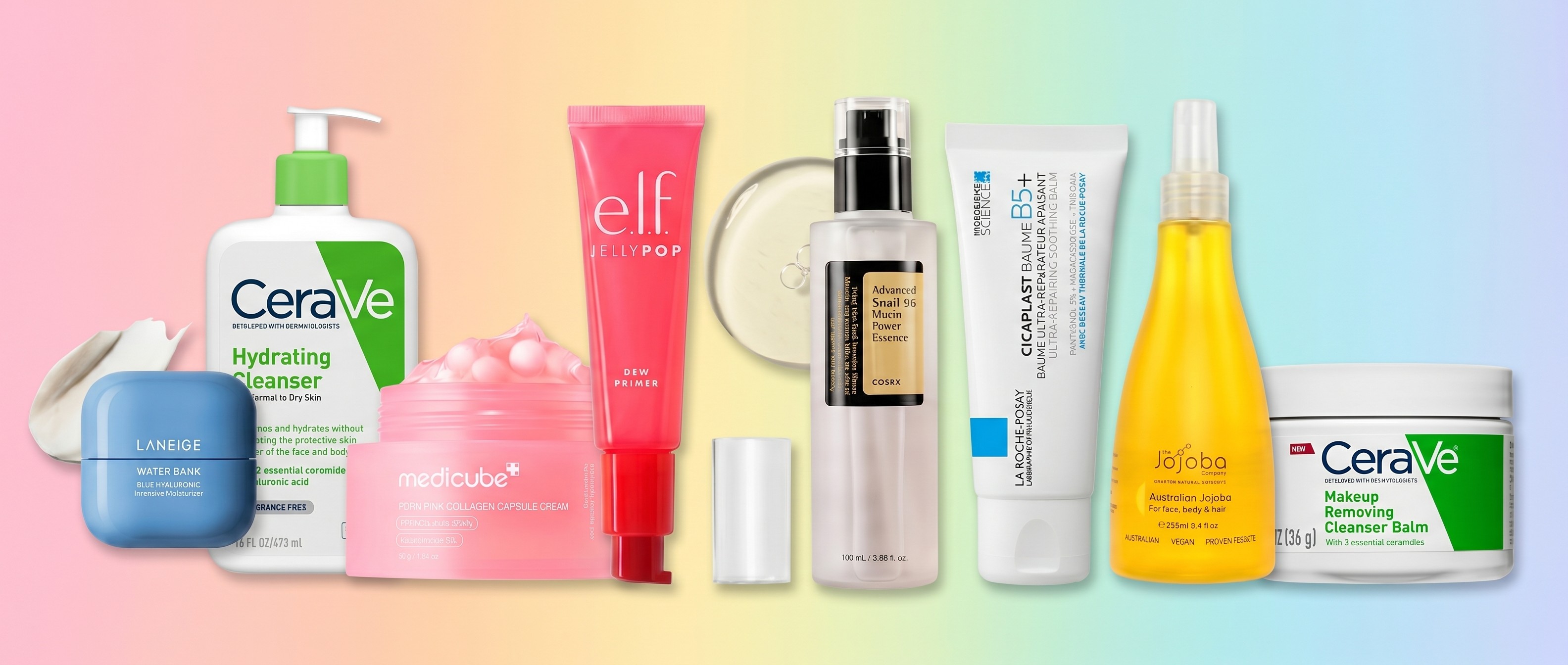 Skincare product on rainbow gradient background