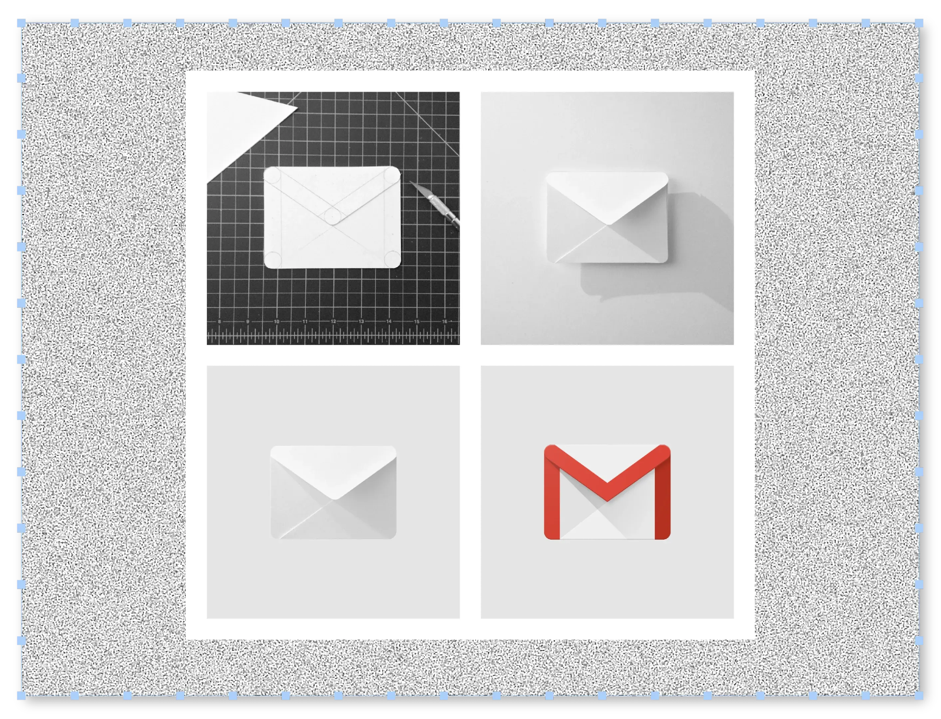 A four-panel graphic illustrates the evolution of the Gmail logo from a physical paper mockup on a cutting mat to a refined digital icon featuring its signature red and white envelope design.