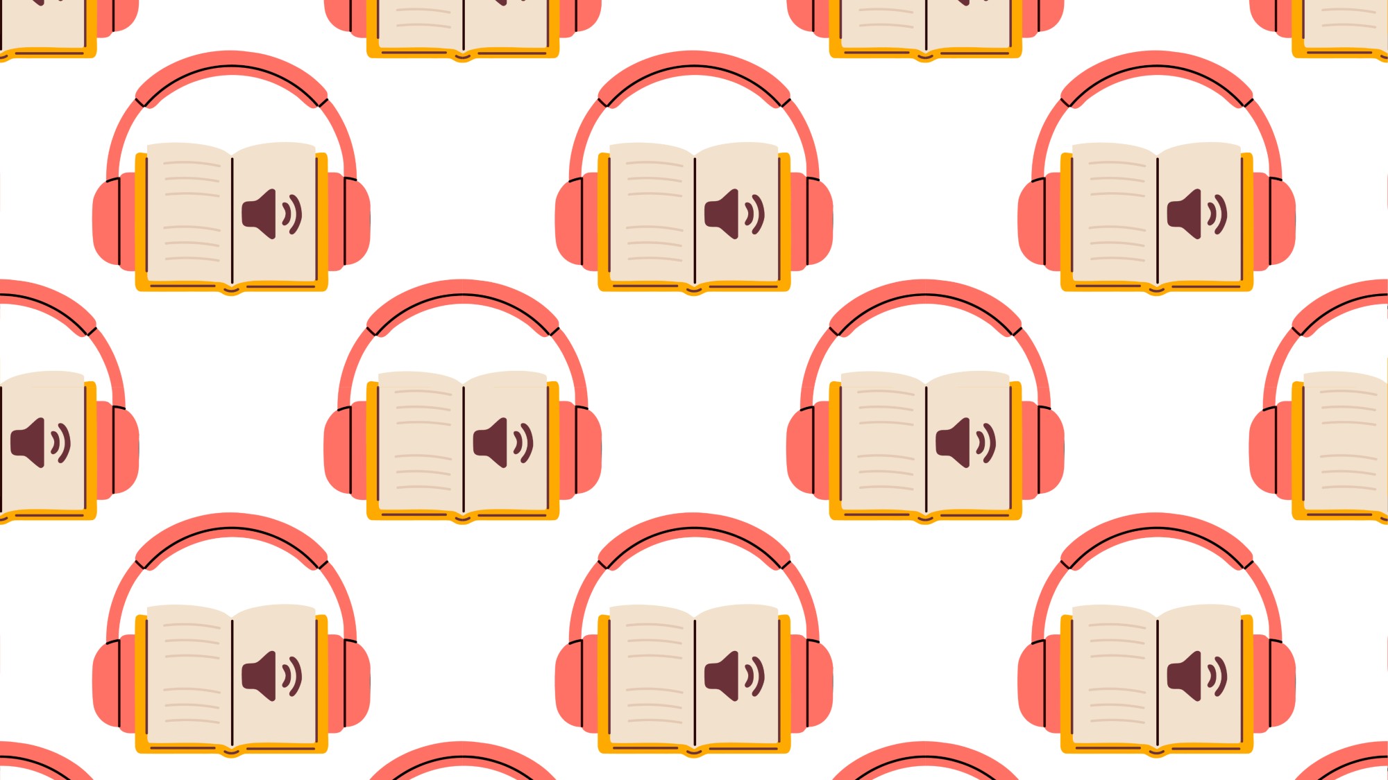 Seamless pattern with open books and headphones. Audiobook symbol in repeating design on white background