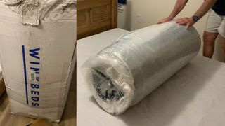 On the left, the boxed WinkBed with water damage to one corner, and on the right the vacuum-packed mattress being moved into place on a bed frame