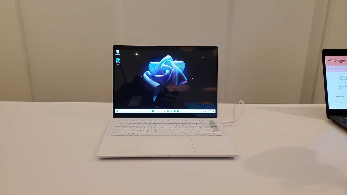 white HP Dragonfly Pro with a flower background