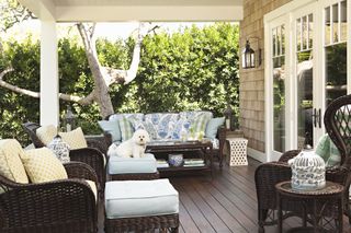 Dog sitting on porch in Hamptons style home