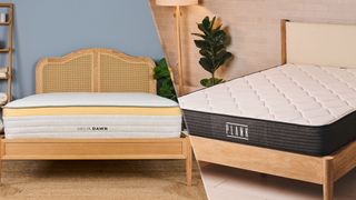 On the left, a straight on shot of the Helix Dawn Mattress on a bed frame in a bedroom. On the right, a Plank Firm Mattress on a bed frame in a bedroom, shot from the side