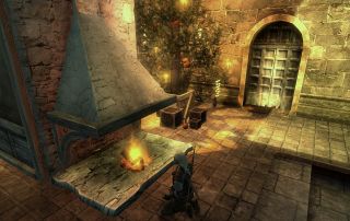 Best Witcher 1 mods - Geralt meditates before a cheerful hearth near a Christmas tree