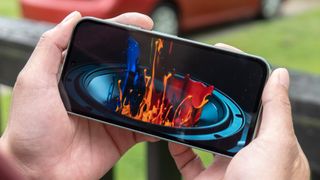 Colorful video shown on Google Pixel 8a display.
