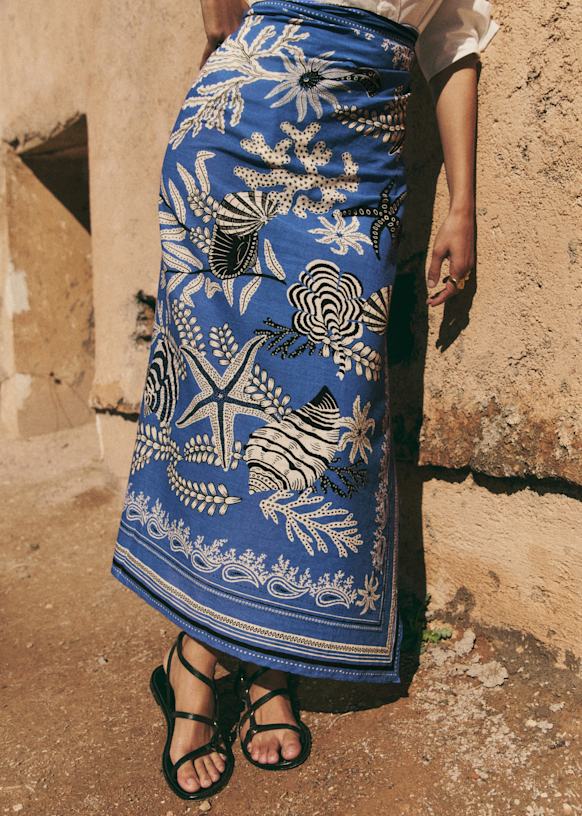 Payton Wrap Skirt - S&amp;eacute;zane X Inoui Editions - Blue Shells Print - Organic Cotton - S&amp;eacute;zane