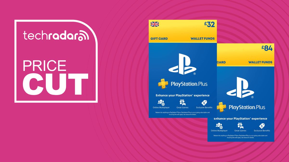 Two PlayStation Plus cards on a pink background with white price cut text