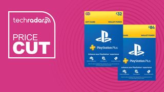 Two PlayStation Plus cards on a pink background with white price cut text