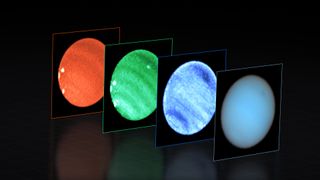 Four views of Neptune based on different calibrations of the MUSE instrument.