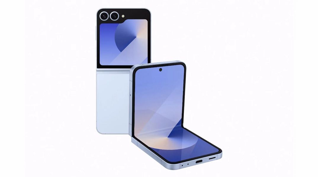 A leaked listing render of the Galaxy Z Flip 6 in blue.