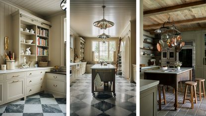 A collage of three images of baking kitchens