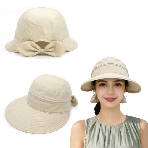 Kanzith Sun Hats for Women Uk, Upf 50+ Sun Visors With Detachable Top &amp;amp; Ponytail Hole, Foldable Wide Brim Beach Hat for Summer - Beige