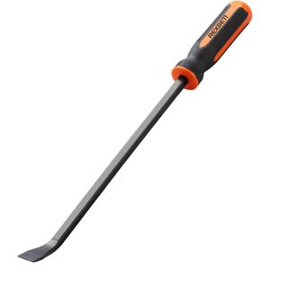 A pry bar with orange and black handle