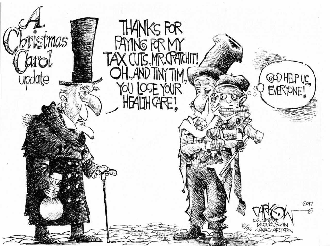 Political cartoon U.S. Christmas GOP tax cuts wealthy poor