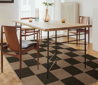 checkerboard rug in a living room