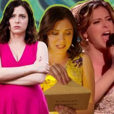 A collage of three images of Rachel Bloom as Rebecca Bunch, in 'Crazy Ex-Girlfriend.'