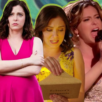 A collage of three images of Rachel Bloom as Rebecca Bunch, in 'Crazy Ex-Girlfriend.'
