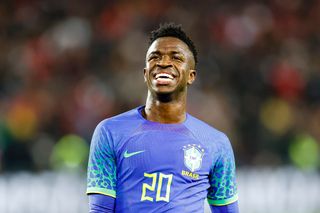 Vinicius Junior of Brazil walks in the field during the international friendly match between Brazil and Tunisia at Parc des Princes on September 27, 2022 in Paris, France.