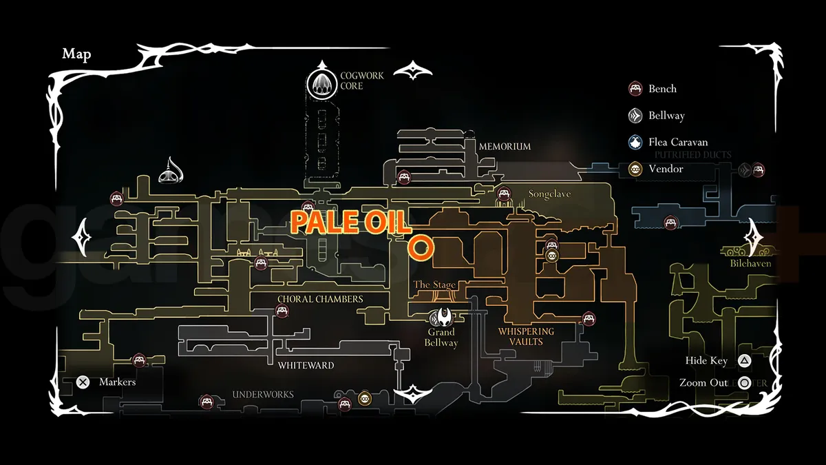 Map of where to find Pale Oil in the Whispering Vaults in Silksong