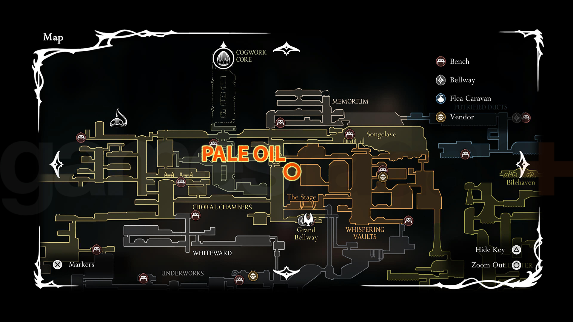 Map of where to find Pale Oil in the Whispering Vaults in Silksong