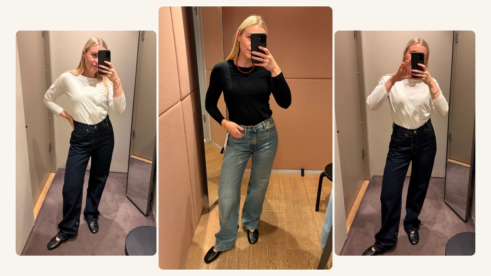 Woman wears a long-sleeved top and COS Chord Straight Leg Jeans