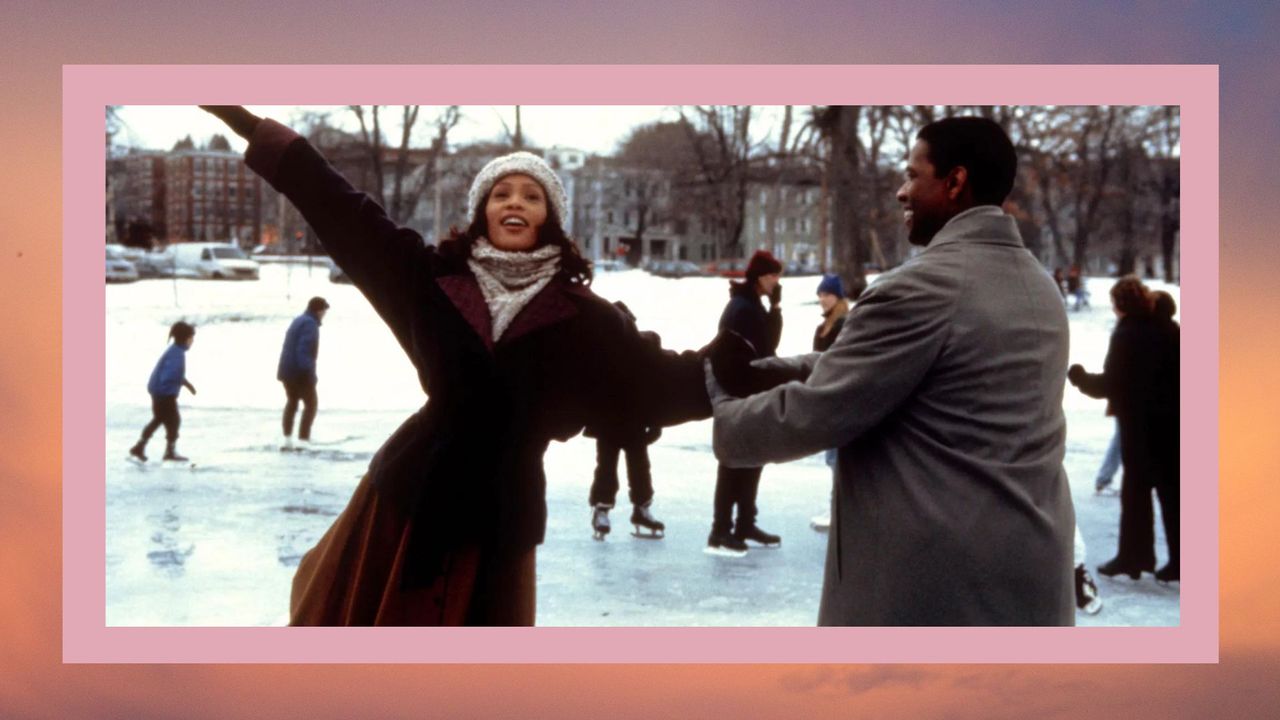 film still of The Preacher&#039;s Wife—one of the best Christmas movies from the &#039;90s—starring Whitney Houston skating on ice, in Houston, Washington—with a brown border