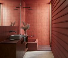 A red bathroom with red walls, shower and ceiling and a wooden cabinet