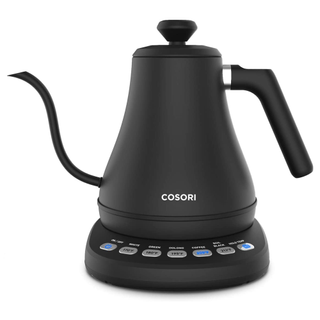 A black gooseneck kettle with a black base and a row of buttons