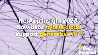 The words ‘NetApp Insight 2023: how does hybrid cloud support generative AI?’ decorative: ‘hybrid cloud’ and ‘generative AI’ in yellow, other words in white. They are set against a blurred image of interconnected black lines on a light purple background to represent the cloud and data pipelines. The ITPro podcast logo is in the bottom right corner.